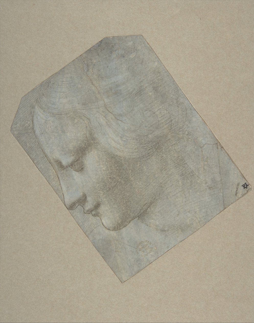 Hodet til en kvinne i profil vendt mot venstre, 1490-1500. av Follower of Leonardo da Vinci.
