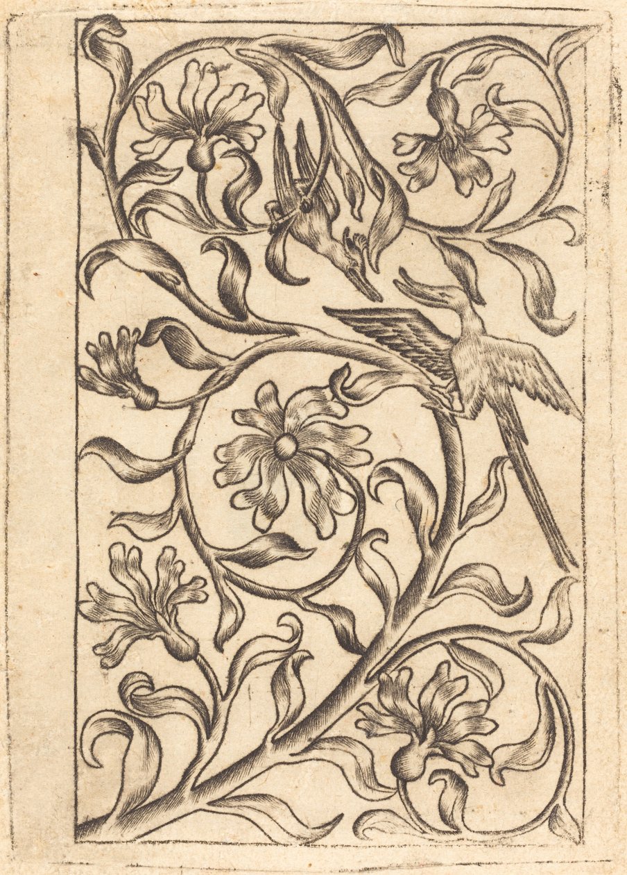 Vinrankepynt med to fugler av Follower of Master of the Playing Cards