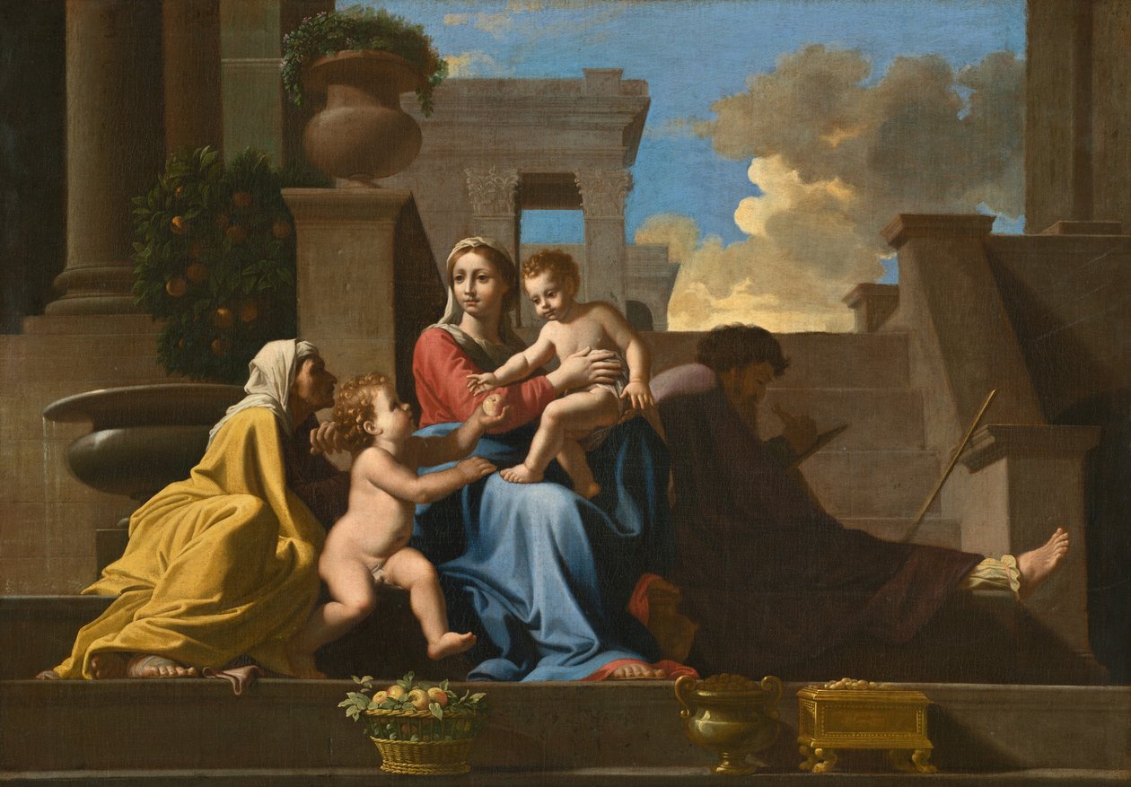 Den hellige familie på trappen av Follower of Nicolas Poussin