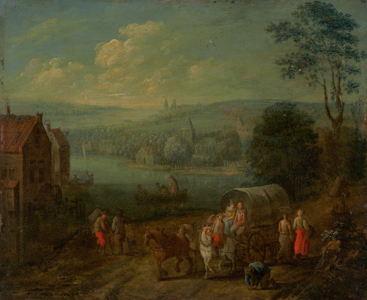 Elvelandskap med landsbyer og reisende [verso] av Follower of Peeter Gysels