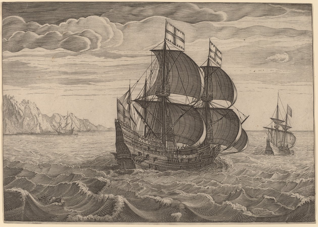 Skip i full seil med to flagg av Follower of Pieter Bruegel the Elder