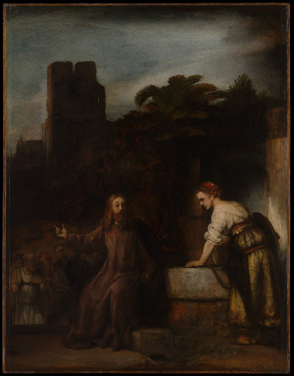 Kristus med kvinnen i Samaria av Follower of Rembrandt