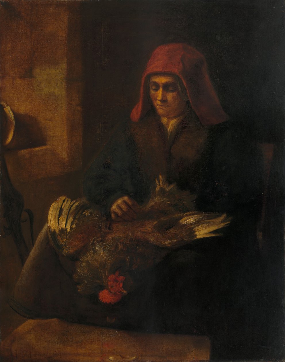 Gammel kvinne som plukker en fugl av Follower of Rembrandt van Rijn
