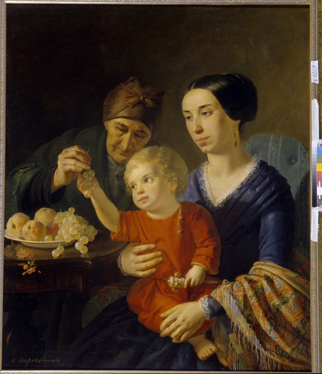 Familie portrett. En baby som holder en rangle, på morens fang, mottar noen druer gitt av bestemoren. Maleri av Foma Gavrilovich Toropov (1821-1898), olje på lerret av Foma Gavrilovich Toropov