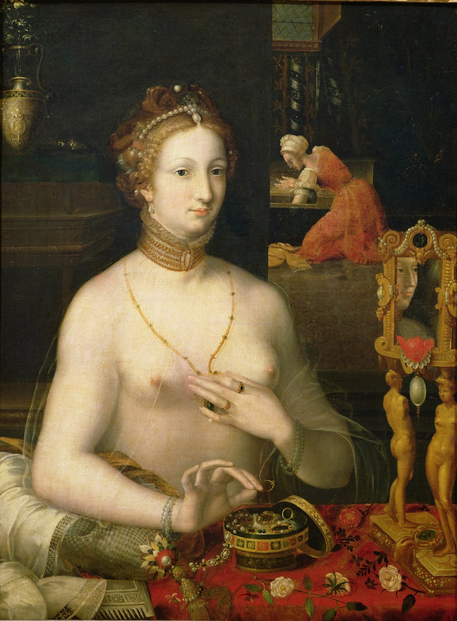 Kvinne på toalettet hennes, 1585-95 av Fontainebleau School