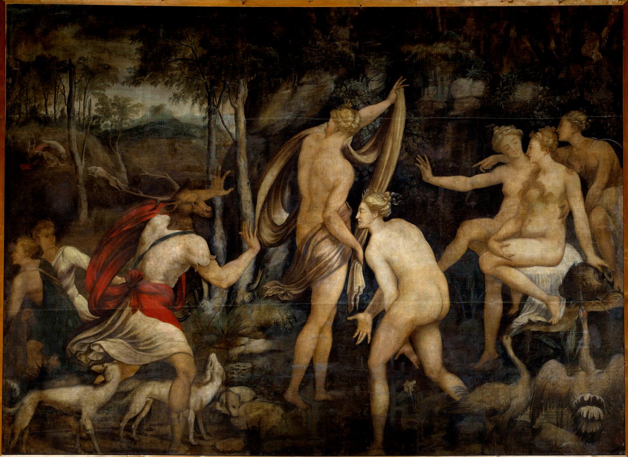 Diane (Artemis), jaktens gudinne, og Acteon, jegermaleri fra School of Fontainebleau (1500-tallet). Mål 2,65 x 3,67 m av Fontainebleau School
