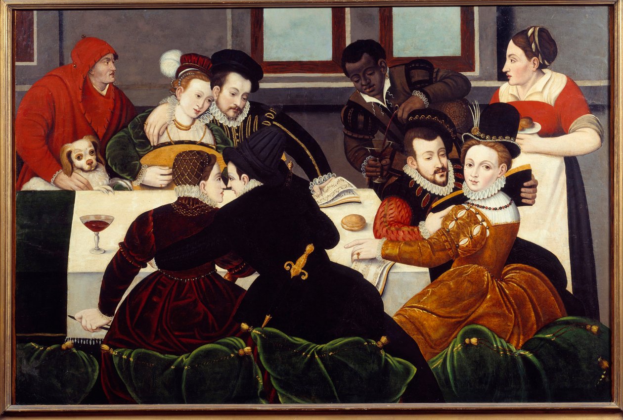 Det galante måltidet Couples Enlaces, en tjener av svart hud. Maleri av School of Fontainebleau. Aix en Provence fra 1500-tallet, Musee Granet av Fontainebleau School