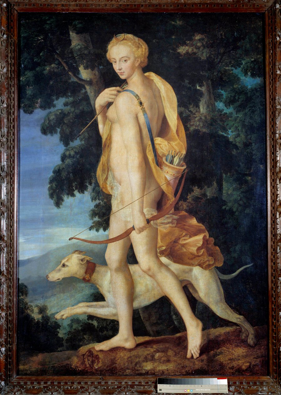 Gudinnen bevæpnet med en bue er ledsaget av en hund. Maleri av Ecole de Fontainebleau. 1500-tallets søn. 1,91 x 1,32 m - Gudinnen Diana the Huntress bevæpnet med en bue akkompagnert av en hund. Maleri av School of Fontainebleau. Det 16. århundre. 1.9 av Fontainebleau School