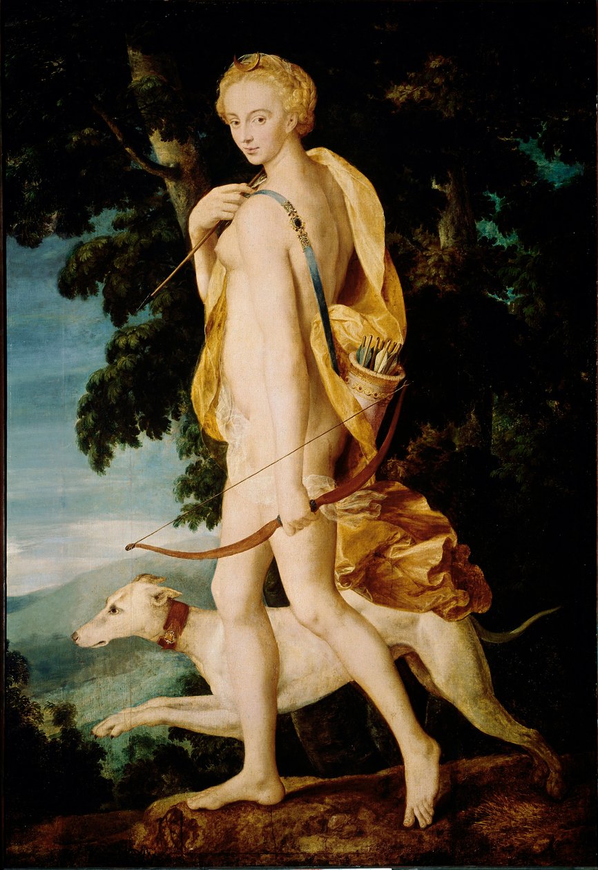Gudinnen med en bue er ledsaget av en hund. Maleri av School of Fontainebleau. 1500-tallets søn. 1,91 x 1,32 m Paris, Musée du Louvre av Fontainebleau School