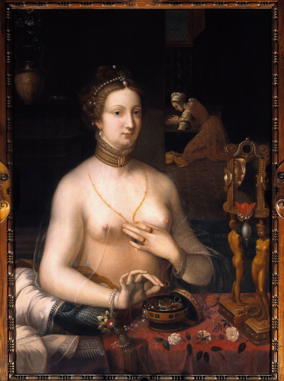 Damen har sitt toalettmaleri fra skolen i Fontainebleau. Omkring 1560. Dim. 1,05 x 0,76 m. Dijon, Museum of Fine Arts av Fontainebleau School
