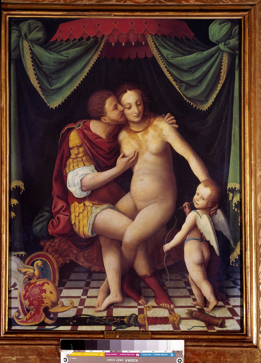 Venus og Mars Representasjon av de to gudene som kysser. Maleri av School of Fontainebleau. av det 16. århundre av Fontainebleau School