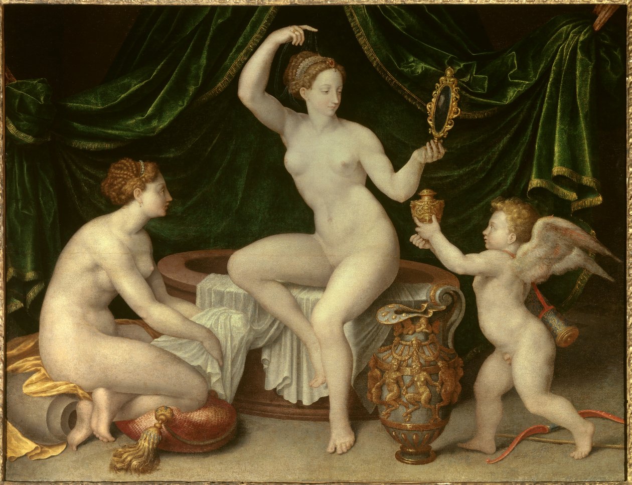 Venus har sitt toalett Maleri av School of Fontainebleau. Det 16. århundre. Dim. 0,97 x 1, 26 m - Toalettet til Venus. Fontainebleau skole.1500-tallet. 0,97 x 1,26 m. Louvre-museet, Paris av Fontainebleau School