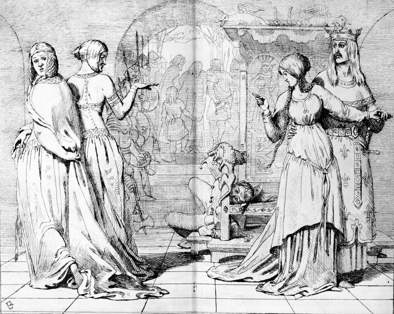Cordelia ledet bort fra Goneril og Regan, illustrasjon fra 