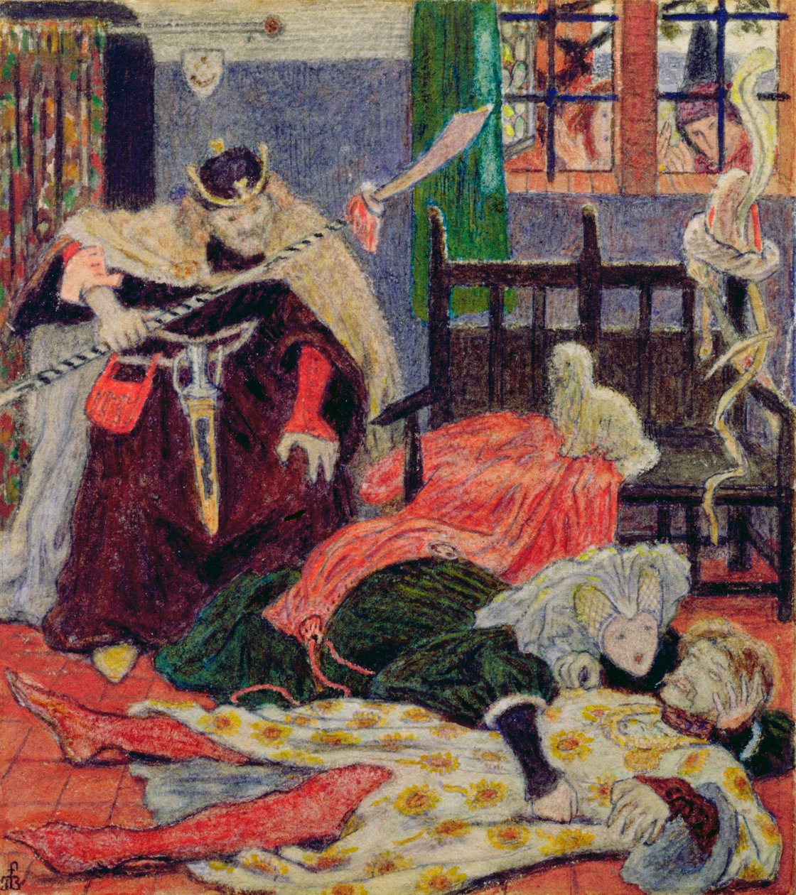 Sir Tristrams død, 1863 (wc og blyant) av Ford Madox Brown