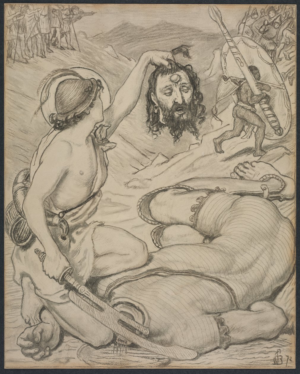 David og Goliath, tegneserie for glassmalerier ved Jesus College, Cambridge av Ford Madox Brown