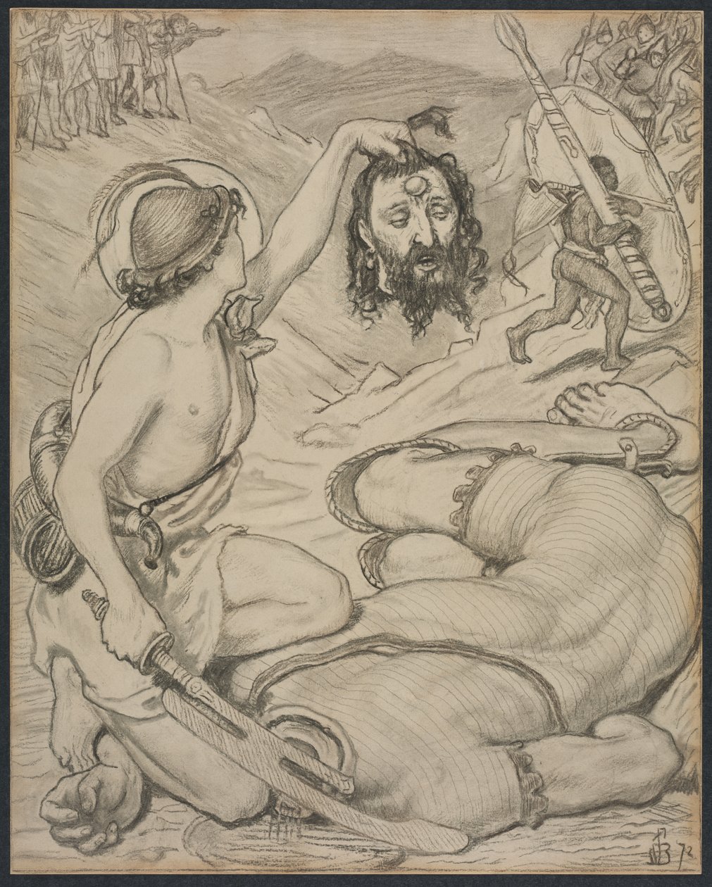 David og Goliath, tegneserie for glassmalerier ved Jesus College, Cambridge, 1872. av Ford Madox Brown