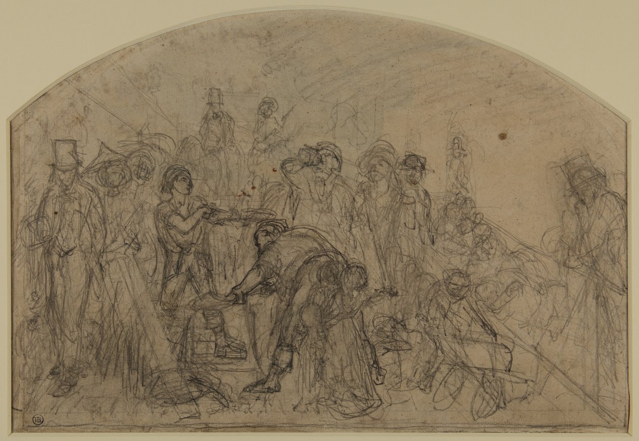 Første grove skisse for 'arbeid' (komposisjonsskisse for figurene) av Ford Madox Brown