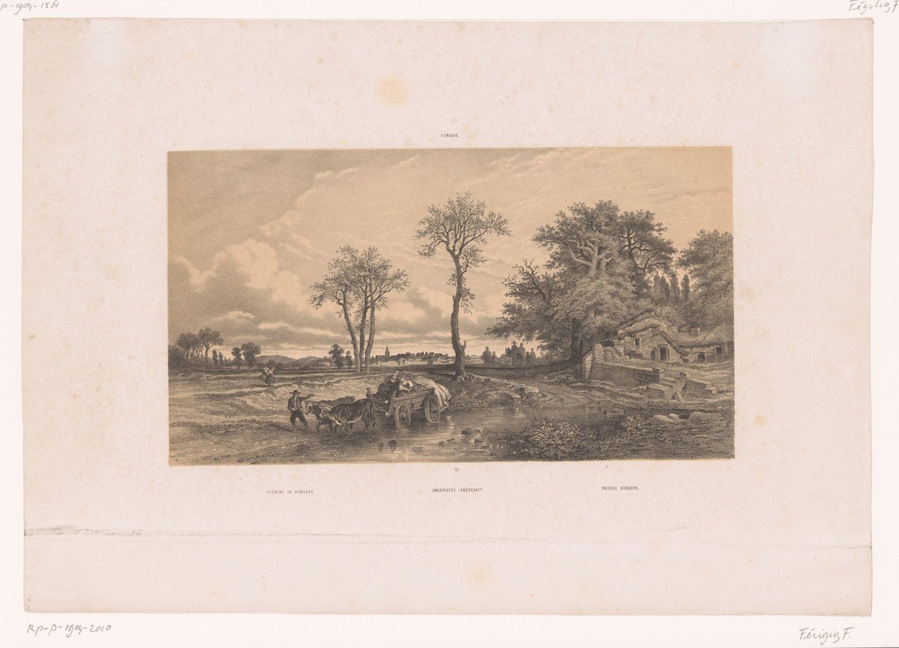 Gårdsvogn med okser i et ungarsk landskap Landskap i Ungarn / Ungarische Landschaft / Paisage Húngaro (tittel på objekt) Figurer i et landskap (serietittel) av Fortuné Ferogio