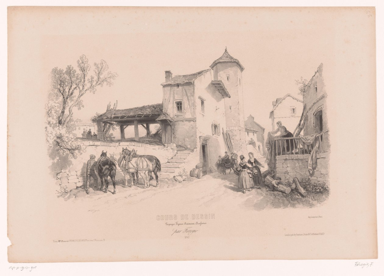 Landsbygate med hester og ulike figurer Tegnekurs med studier av landskap, dyr og detaljer (serietittel) Kurs design. Paysages, figurer, animaux, tilbehør, av Férogio (serietittel på objekt) av Fortuné Ferogio