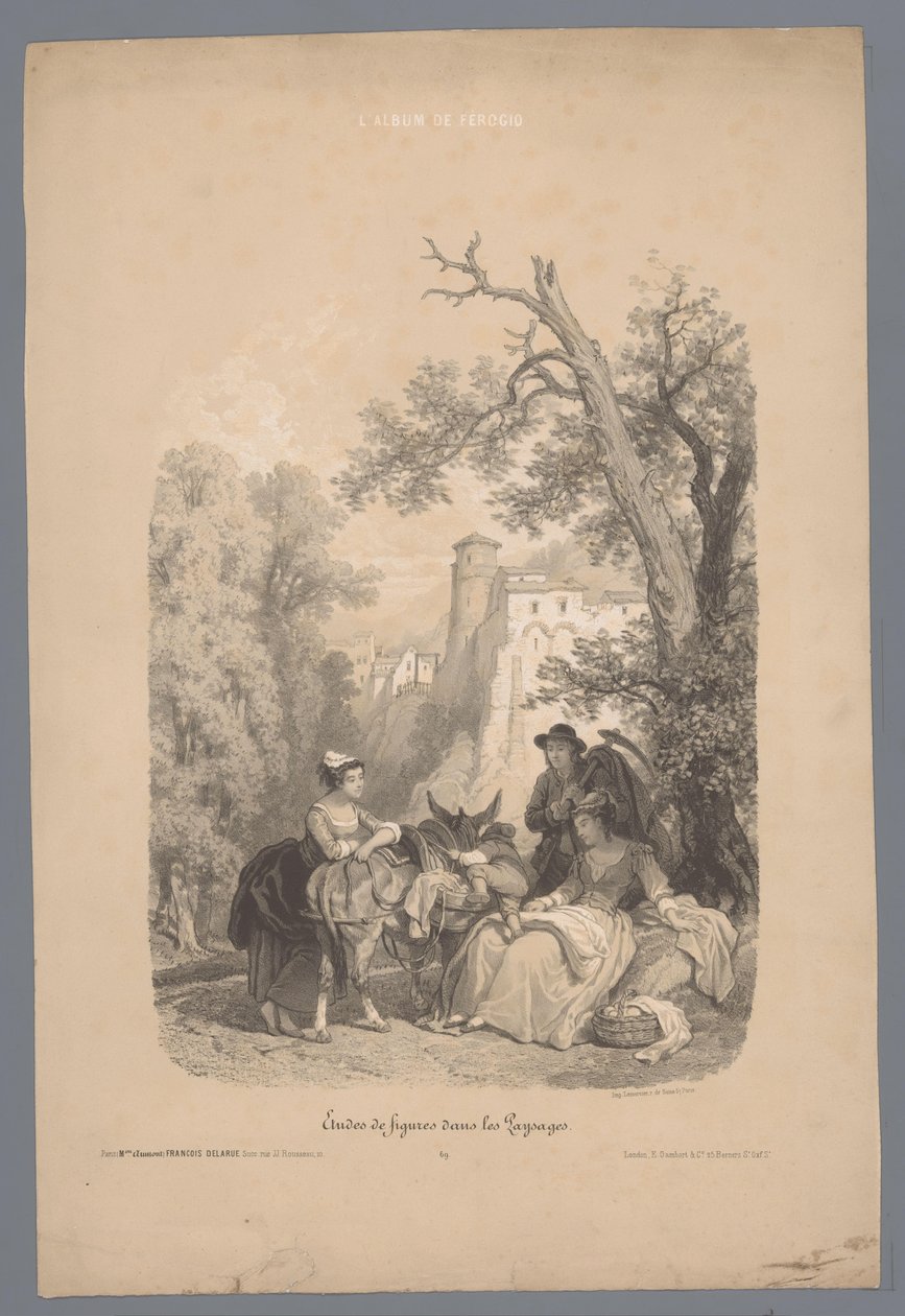 Selskap med et esel foran en italiensk fjellandsby Studier av figurer i et landskap (serietittel) L
