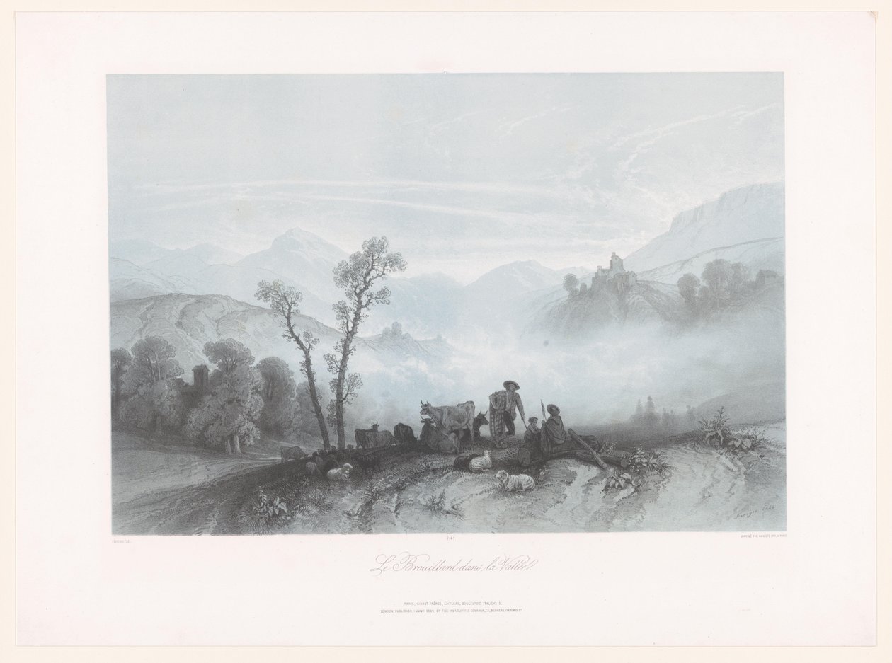 Hyrder med kyr og sauer i en tåkete dal Le Brouillard dans la Vallée (tittel på objekt) av Fortuné Ferogio