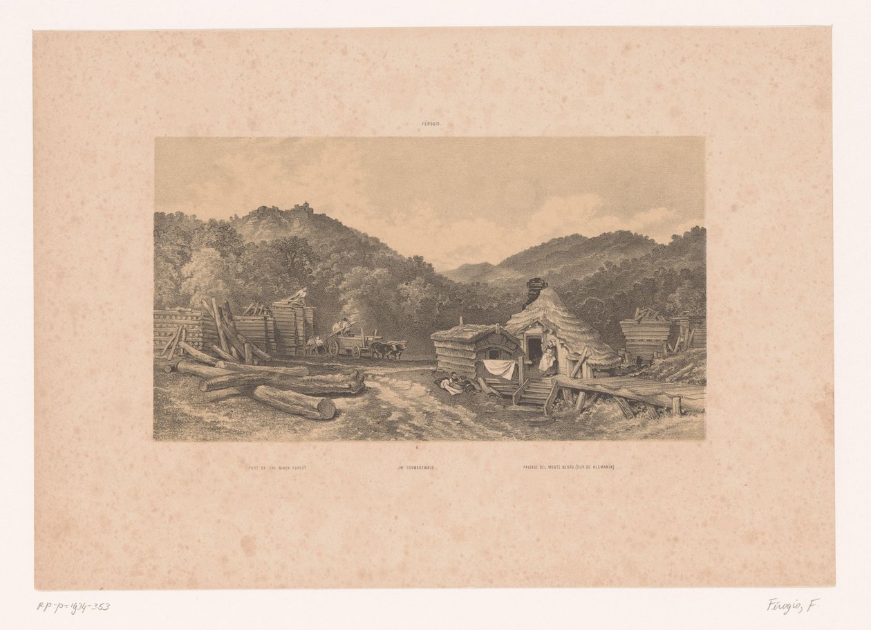 Tømmerhoggere i Schwarzwald En del av Schwarzwald / Im Schwarzwald / Paisage del Monte Negro (Sur de Alemania) (tittel på objekt) Figurer i et landskap (serietittel) av Fortuné Ferogio