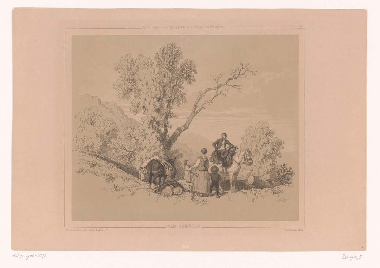 Hvilende familie på reise i et fjellandskap Eksempler på figurstudier for landskapskunstnere (serietittel) Etudes Progressives de Figures Pittoresques à l
