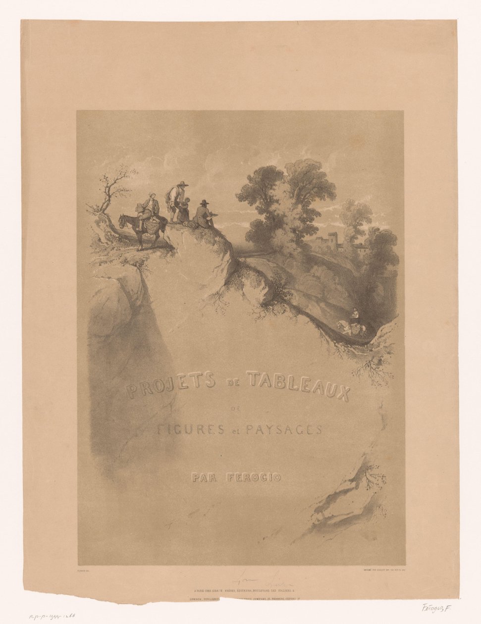 Titteltrykk med steinete landskap og reisende langs en kløft Landskap og figurstudier av Férogio (serietittel) Projets de tableaux de figures et paysages, par Férogio (serietittel på objekt) av Fortuné Ferogio