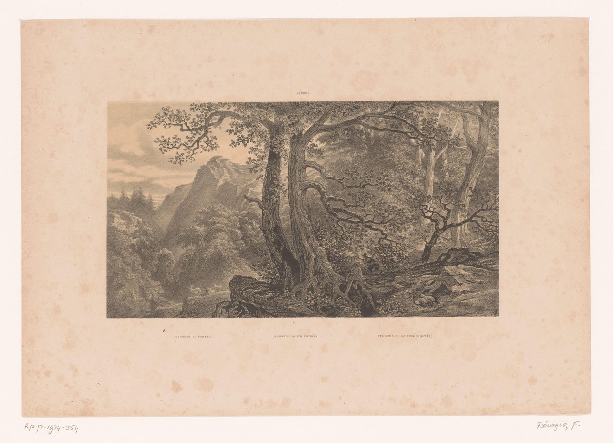 To jegere i en skog i Pyreneene Jakt i Pyreneene / Jakt i Pyreneene / Cazadores de los Pirinéos (España) (tittel på objekt) Figurer i et landskap (serietittel) av Fortuné Ferogio