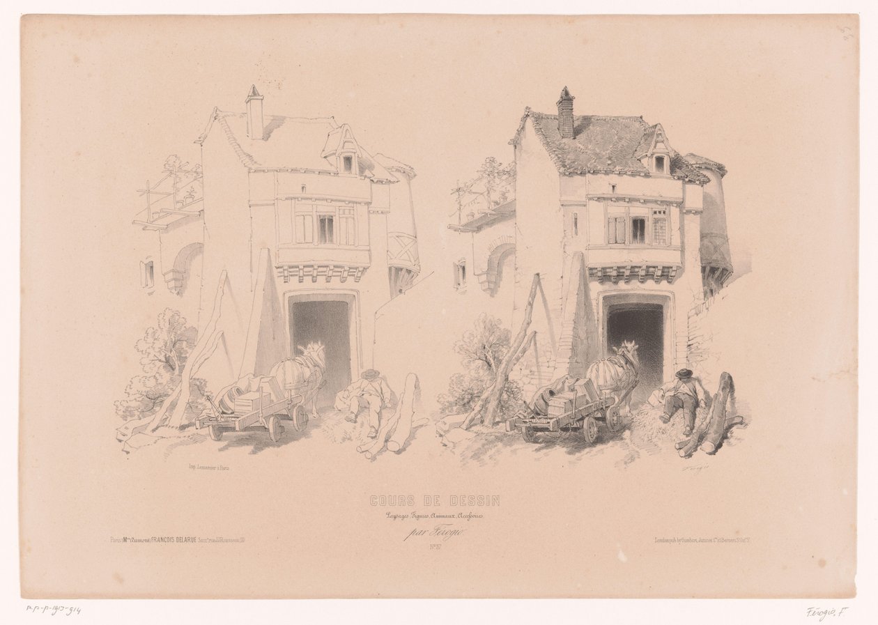 Fraktskip med hest og vogn hviler ved port Tegnekurs med studier av landskap, dyr og detaljer (serietittel) Cours de dessin. Paysages, figurer, animaux, tilbehør, par Férogio (serietittel på objekt) av Fortuné Ferogio