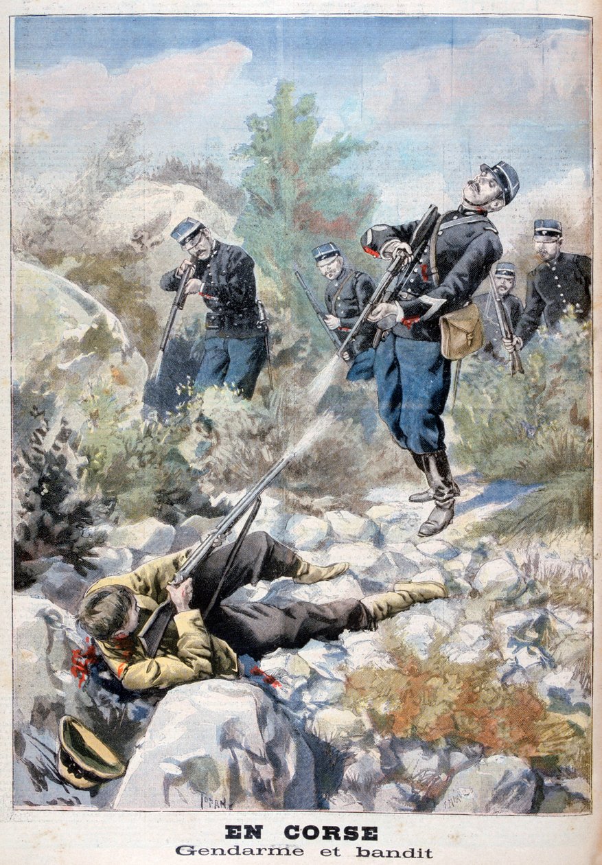 En pistolkamp mellom en banditt og gendarmeriet, Korsika, 1898 av Fortuné Méaulle