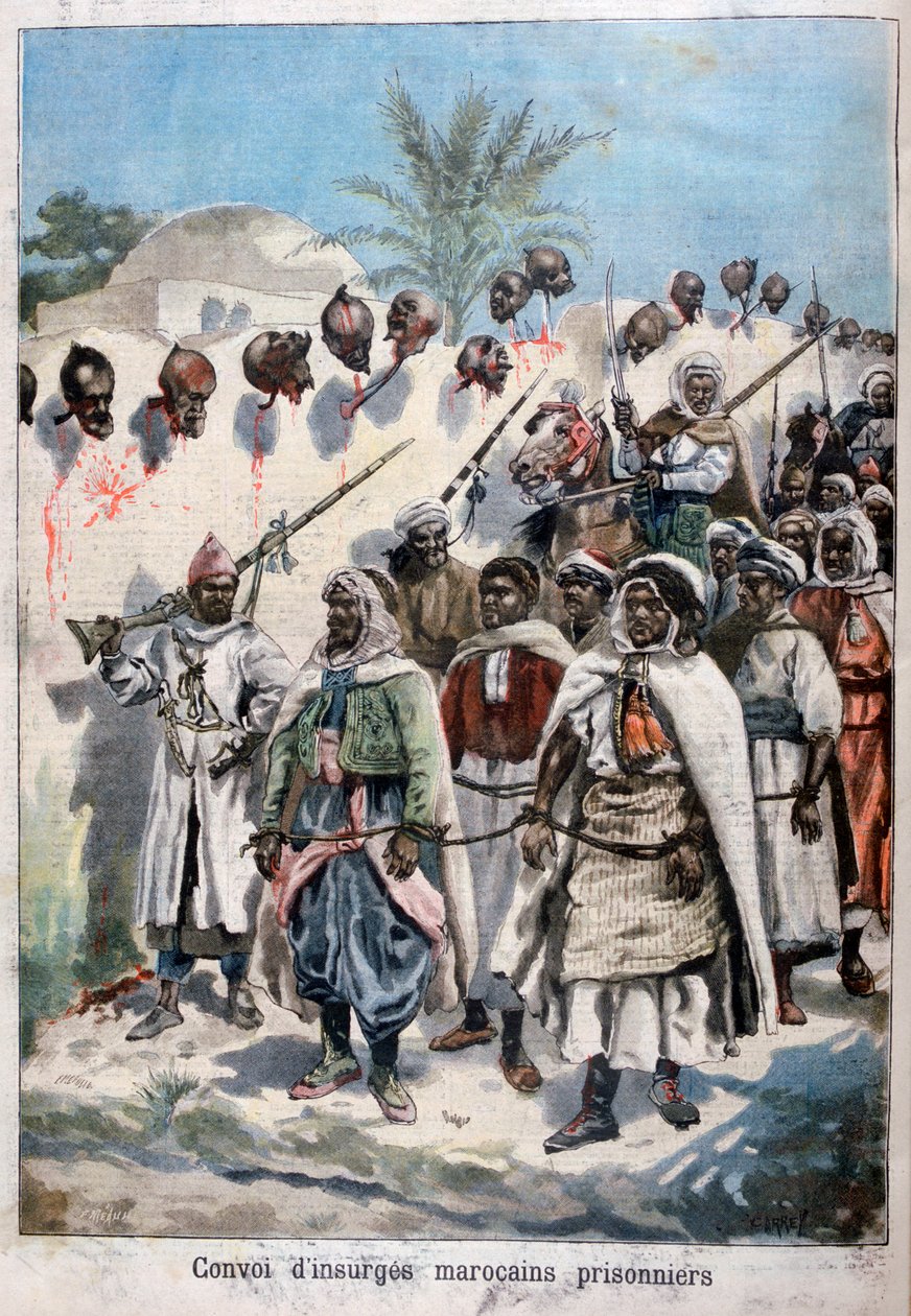 Kolonne av opprørske marokkanere tatt til fange ved Tadla av Sultan Abdul-Hafizs hær, 1897. av Fortuné Méaulle