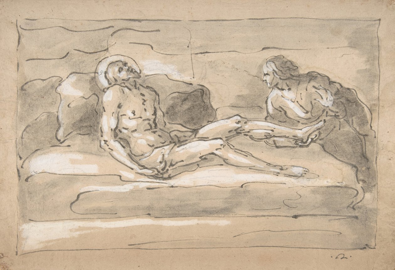 Den døde Kristus sørget av Magdalen som ærer sårene på føttene hans, 1787-1863. av Fortunato Duranti