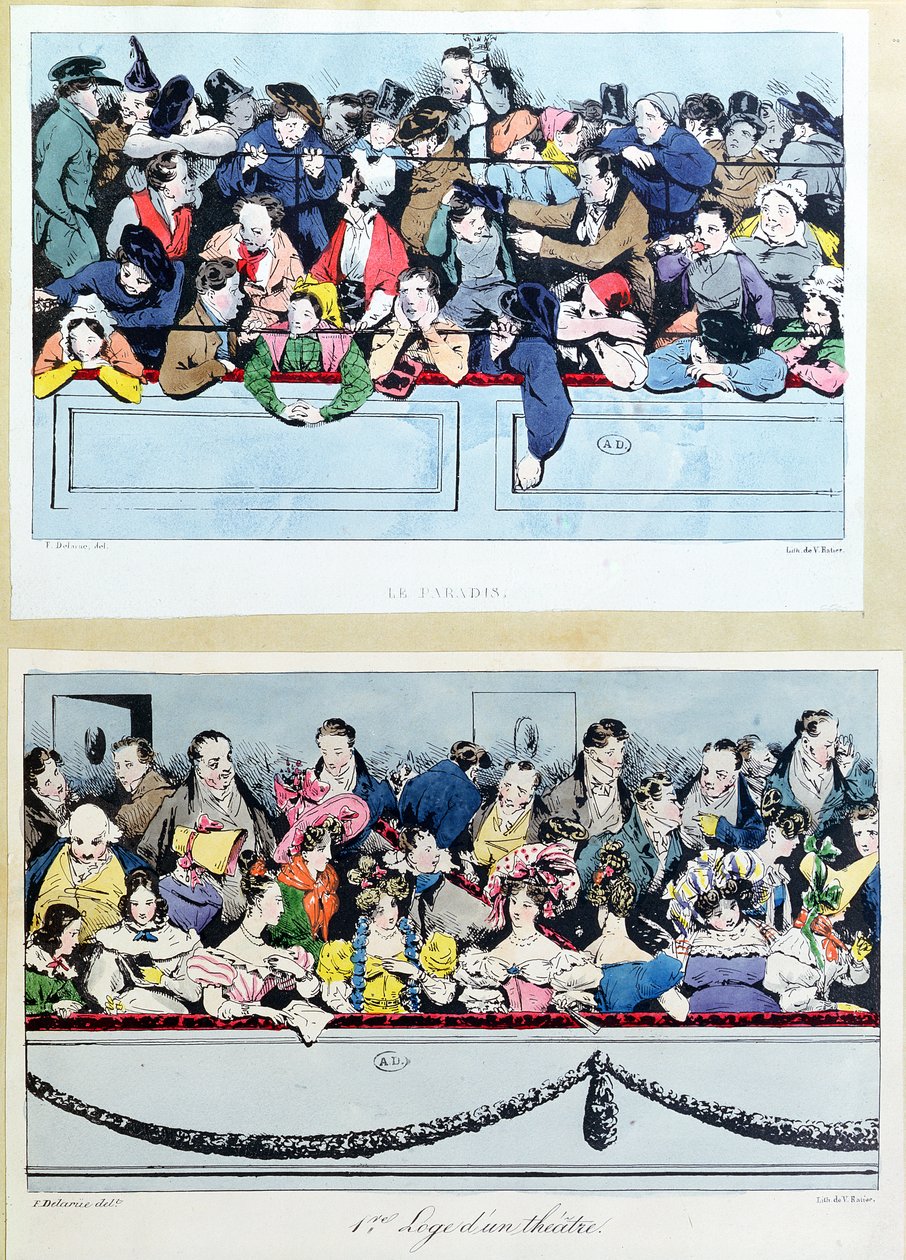 På teatret, gudene og boksene i den store sirkelen, ca. 1830 av Fortune Delarue