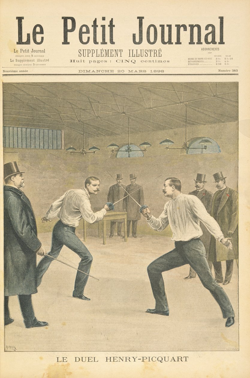 Tittelside som viser Henry-Picquart-duellen, motstridende offiserer under Dreyfus-affæren, illustrasjon fra det illustrerte tillegget til Le Petit Journal, 20. mars, 1898 av Fortune Louis Meaulle and Henri Meyer