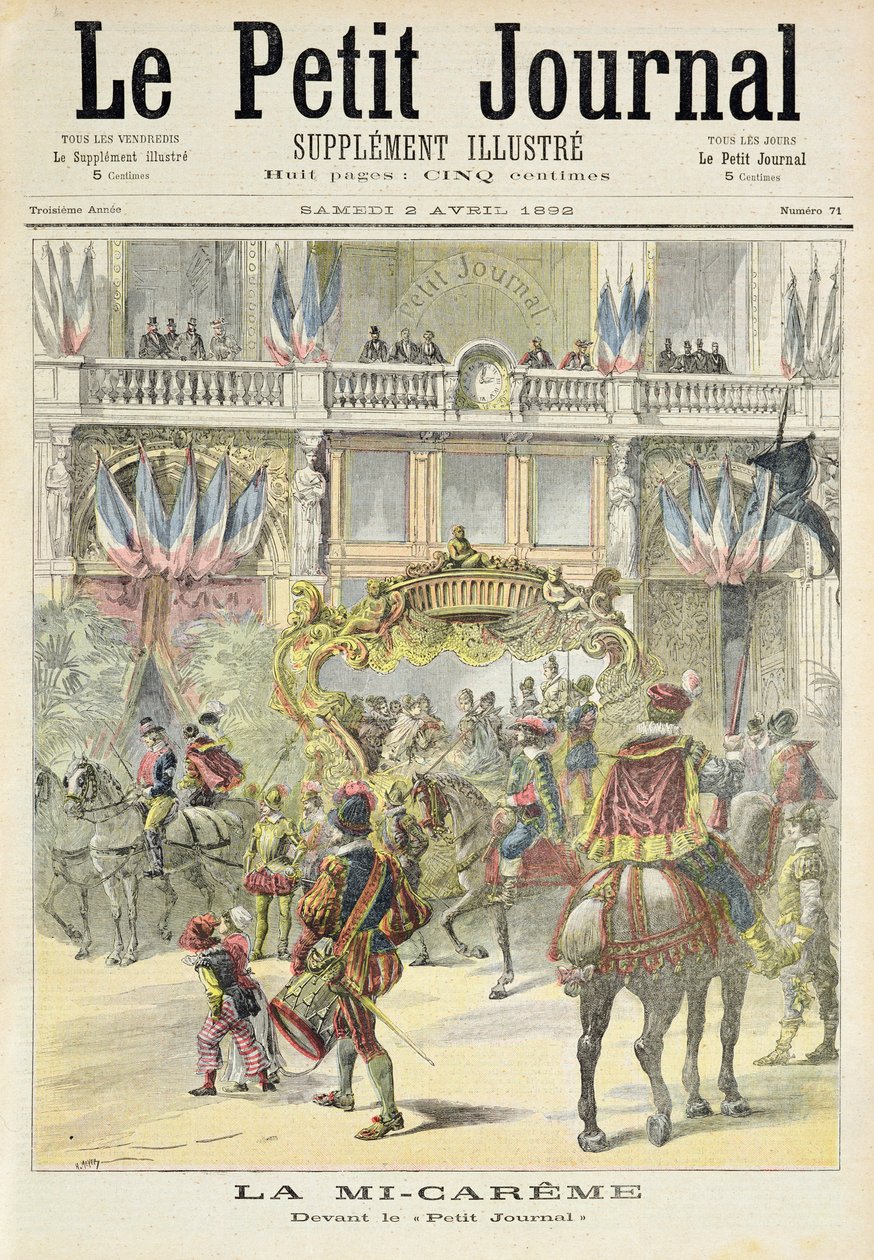 Tittelside som viser paraden midt i fastetiden foran Petit Journal-kontorene, illustrasjon fra det illustrerte tillegget til Le Petit Journal, 2. april, 1892 av Fortune Louis Meaulle and Henri Meyer