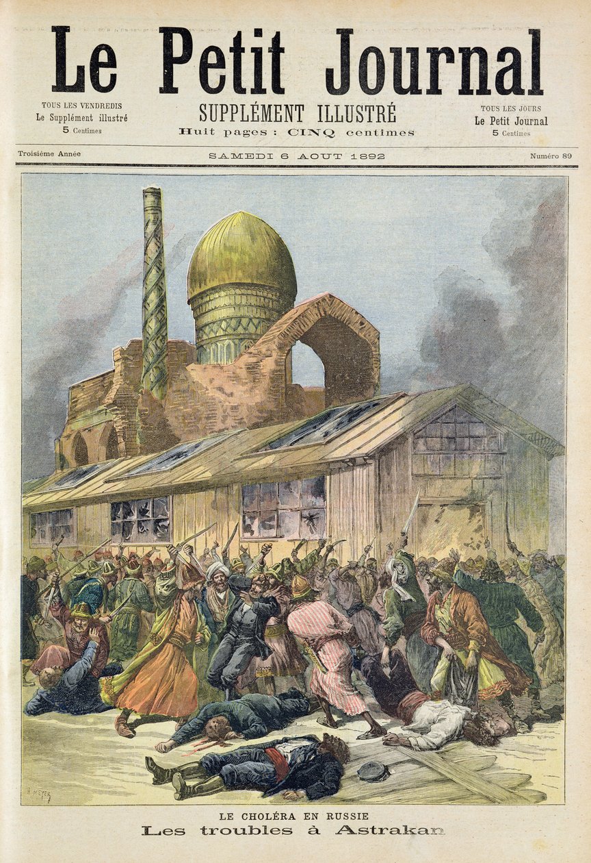 Tittelside som viser problemene i Astrakhan under koleratiden i Russland, illustrasjon fra det illustrerte tillegget til Le Petit Journal, 6. august, 1892 av Fortune Louis Meaulle and Henri Meyer