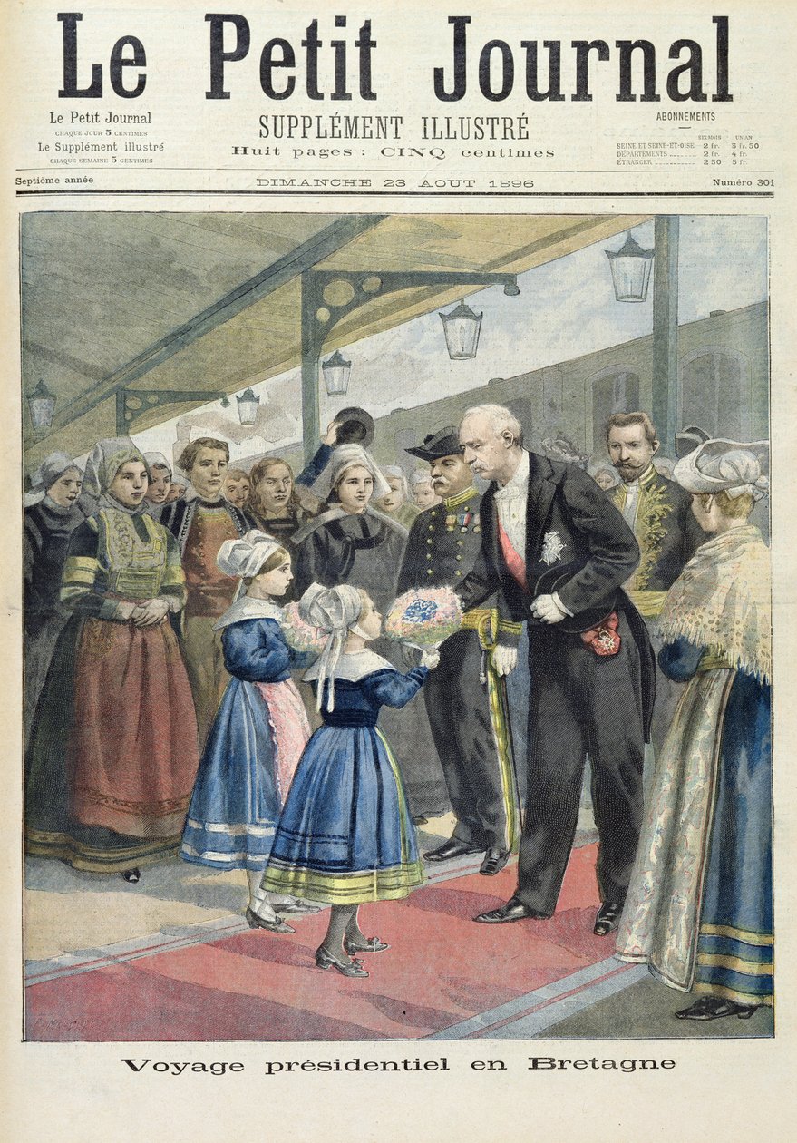 Tittelside som viser presidentreisen til Felix Faure til Storbritannia, illustrasjon fra det illustrerte tillegget til Le Petit Journal, 23. august, 1896 av Fortune Louis Meaulle