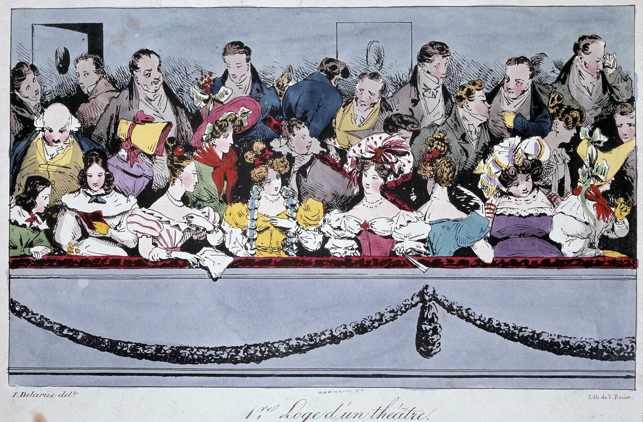 Den første losjen til et teater på 1800-tallet - litografi av Fortune (after) Delarue
