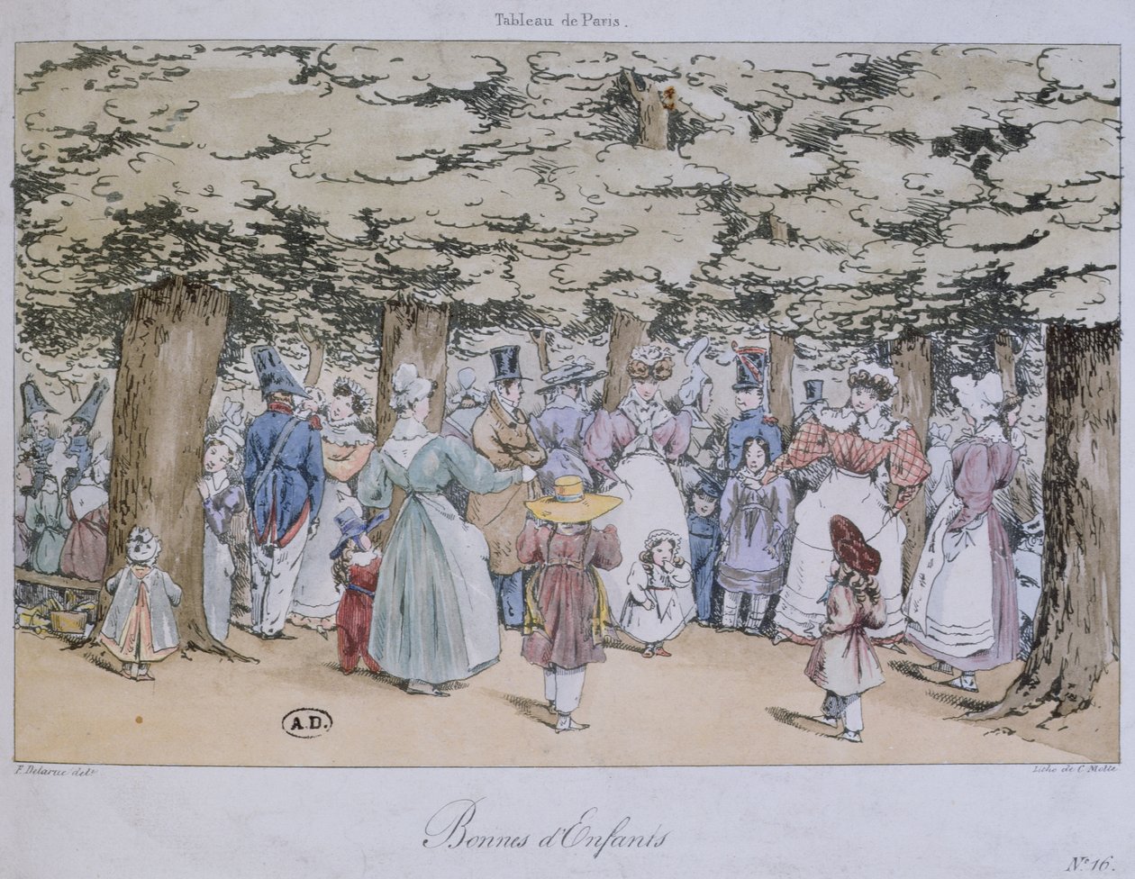 Barn og barnepiker i parken, fra Tableau de Paris-serien, gravert av C. Motte, 1827 av Fortune Delarue