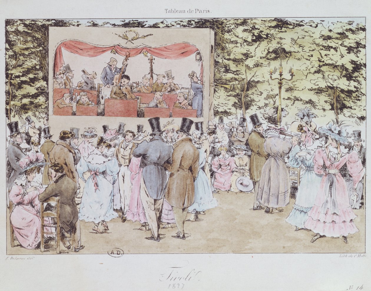 Musikalsk underholdning i New Tivoli, Paris, gravert av C. Motte, 1827 av Fortune Delarue