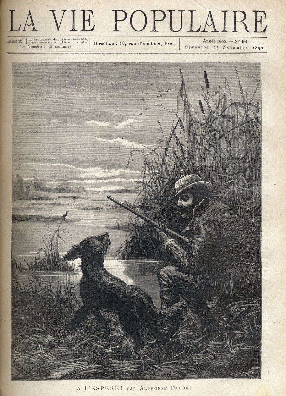 En fuglejeger ser på i en myr med hunden sin. Illustrasjon av F. Meaulle for "" Hopefully! "" av Alphonse Daudet (1840-1897). Gravering fra 1890 i "La vie populaire". Privat samling av Fortune Louis Meaulle