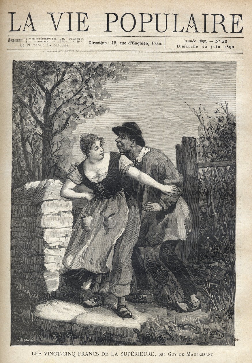 A couple of peasants, the man in a blouse and hoof, jumped the young woman who pushed him back with a smile and light. Illustration by E. Bertin for Les twenty five francs de la superieure by Guy de Maupassant (1850-1893). Engraving by Fortune Meaulle (184 av Fortune Louis Meaulle
