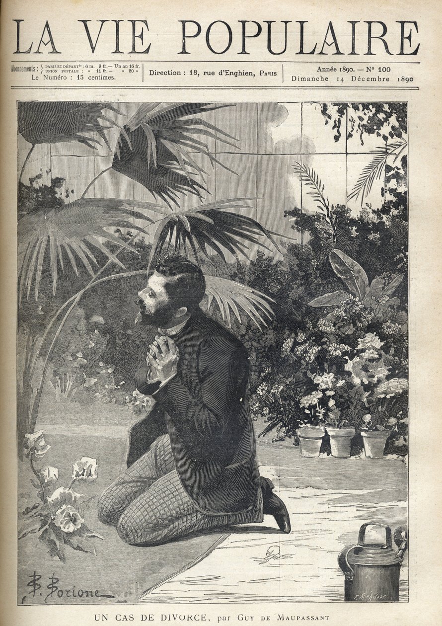 A desperate man prays on his knees in a greenhouse. Illustration by F. Meaulle after B. Borione for “A case of divorce” by Guy de Maupassant (1850-1893). Engraving from 1890 in “La vie populaire””. Private Collection av Fortune Louis Meaulle
