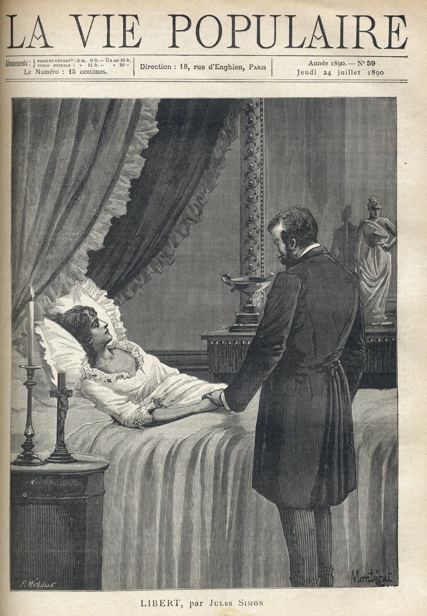 A man overwhelmed with sadness, standing at the bedside of a bed, he holds the hand of his lovely dead woman. On the bedside table, a candle lights and a crucifix. On the lintel of the fireplace, a cup and a woman