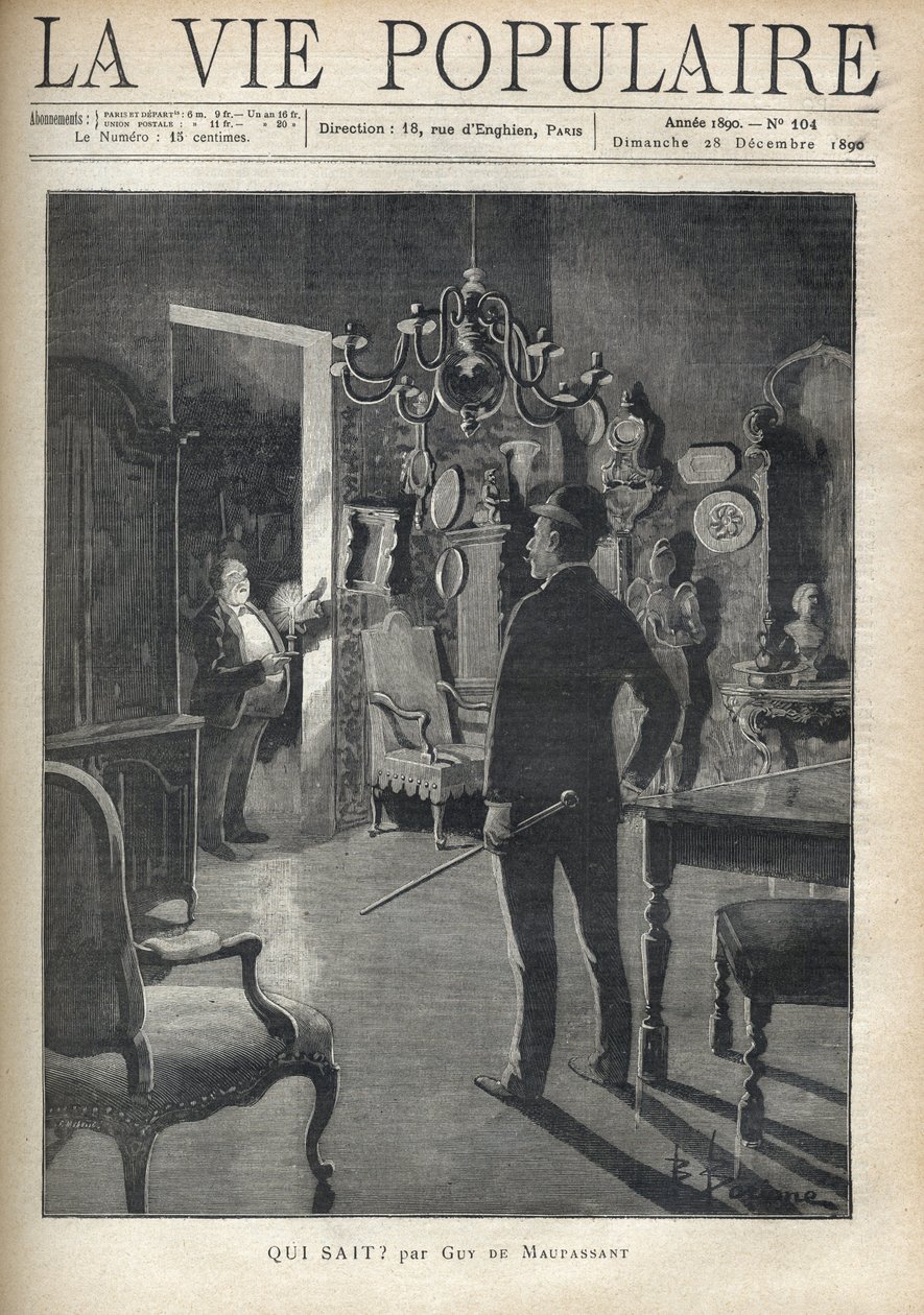 En mann overrasker en inntrenger hjemme midt på natten. Illustrasjon av F. Meaulle etter B. Borione for "" Hvem vet? "" av Guy de Maupassant (1850-1893). Gravering fra 1890 i "La vie populaire". Privat samling av Fortune Louis Meaulle
