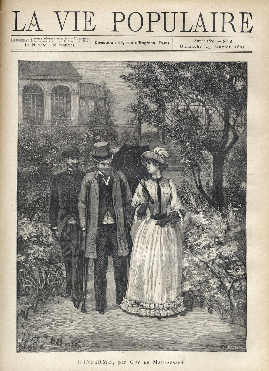 En mann med bequilles går sammen med en elegant ung kvinne i smugene i en park. En annen mann følger etter dem. Illustrasjon av Fortune Louis (Fortune-Louis) Meaulle for "" L