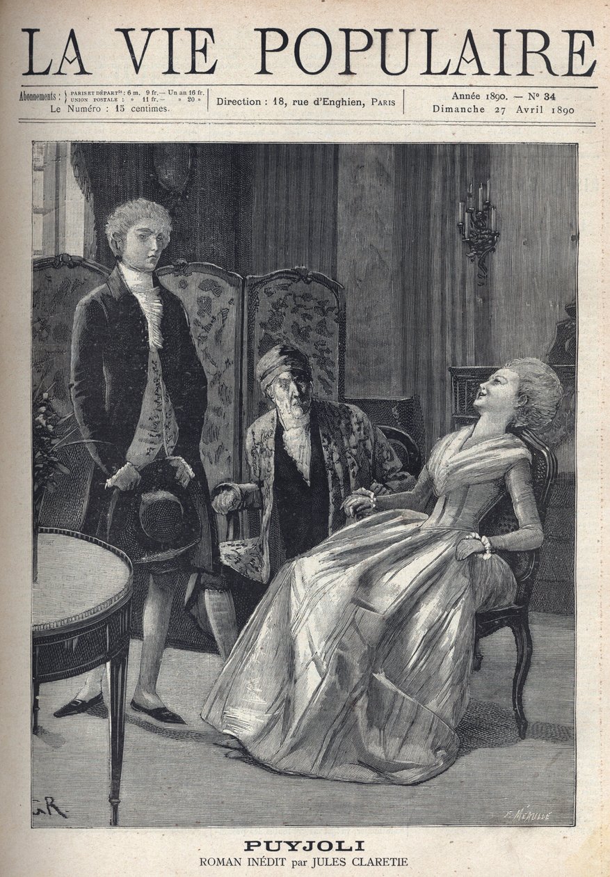 En ganske blond ung mann, ser dårlig ut, etter å ha kommet med frieri, ser jenta bli fanget med en latter, veltet over på stolen hennes, under farens øyne. Illustrasjon for Puyjoli av Jules Claretie (1840-1913). Gravering av Fortune Meaulle (184 av Fortune Louis Meaulle
