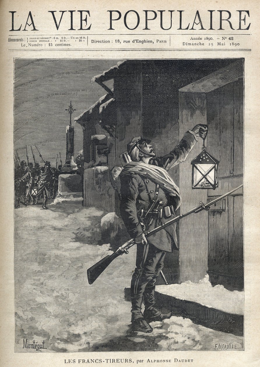 A soldier, carrying all his barda, a bayonet rifle and waving a lantern in front of the closed door of a town house. Behind him, near the Iron Cross, the rest of the troupe arrives to join him. Illustration of Montegut (?) , for Les Francs Shoirers by Alph av Fortune Louis Meaulle