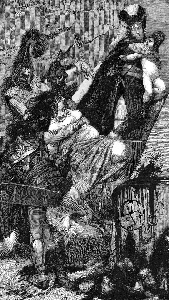 Andromaque: detalj av en gravering (1883) av Meaulle etter et maleri av Georges Antoine Rochegrosse (1859–1938). I hendene på de greske soldatene prøver Andromaque å holde sønnen Astyanax, som er blitt båret bort av en thrakisk hoplitt. I begynnelsen av sc av Fortune Louis Meaulle